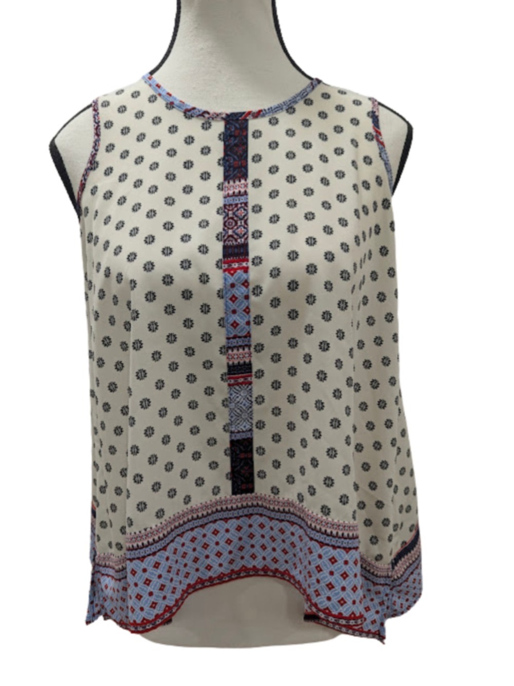 Monteau Womens Boho Print Tank Top L Blue White Cottagecore Sleeveless Blouse